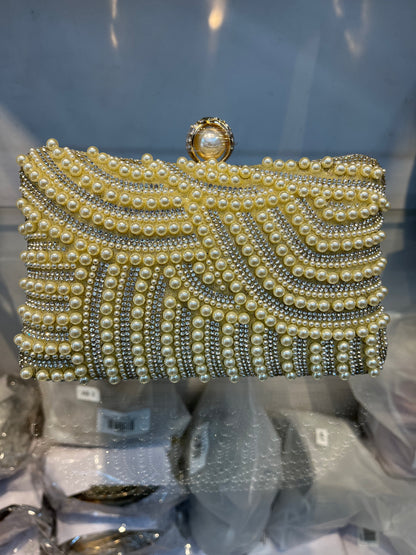 Gold Pearl Embellished Party Clutch with Sling and Kada