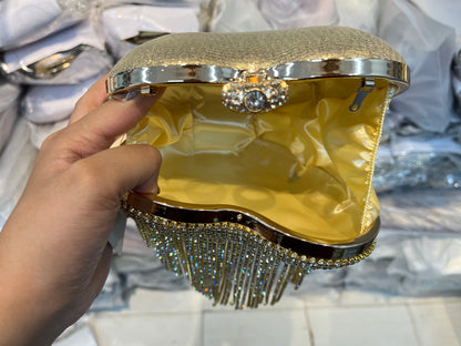 Golden Dazzle Heart Clutch | Crystal Fringe Party Handbag
