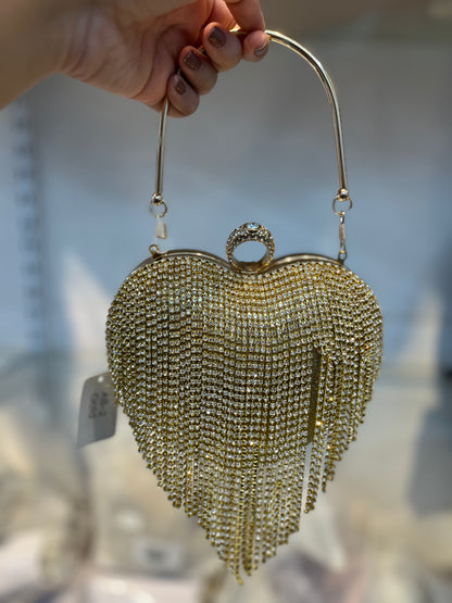 Golden Dazzle Heart Clutch | Crystal Fringe Party Handbag