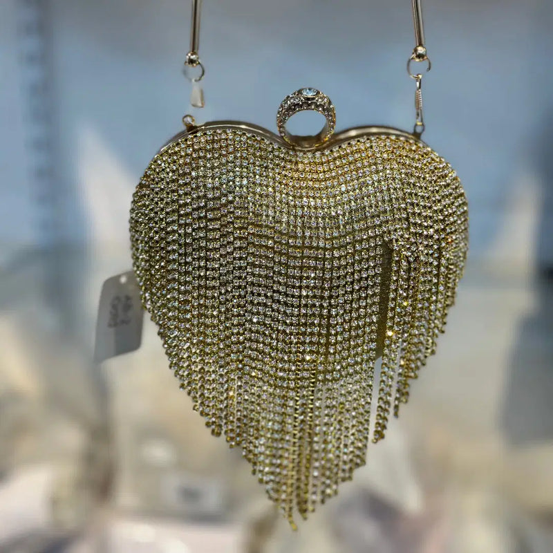 Golden Dazzle Heart Clutch | Crystal Fringe Party Handbag
