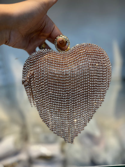 Rose Gold Dazzle Heart Clutch | Crystal Fringe Party Handbag