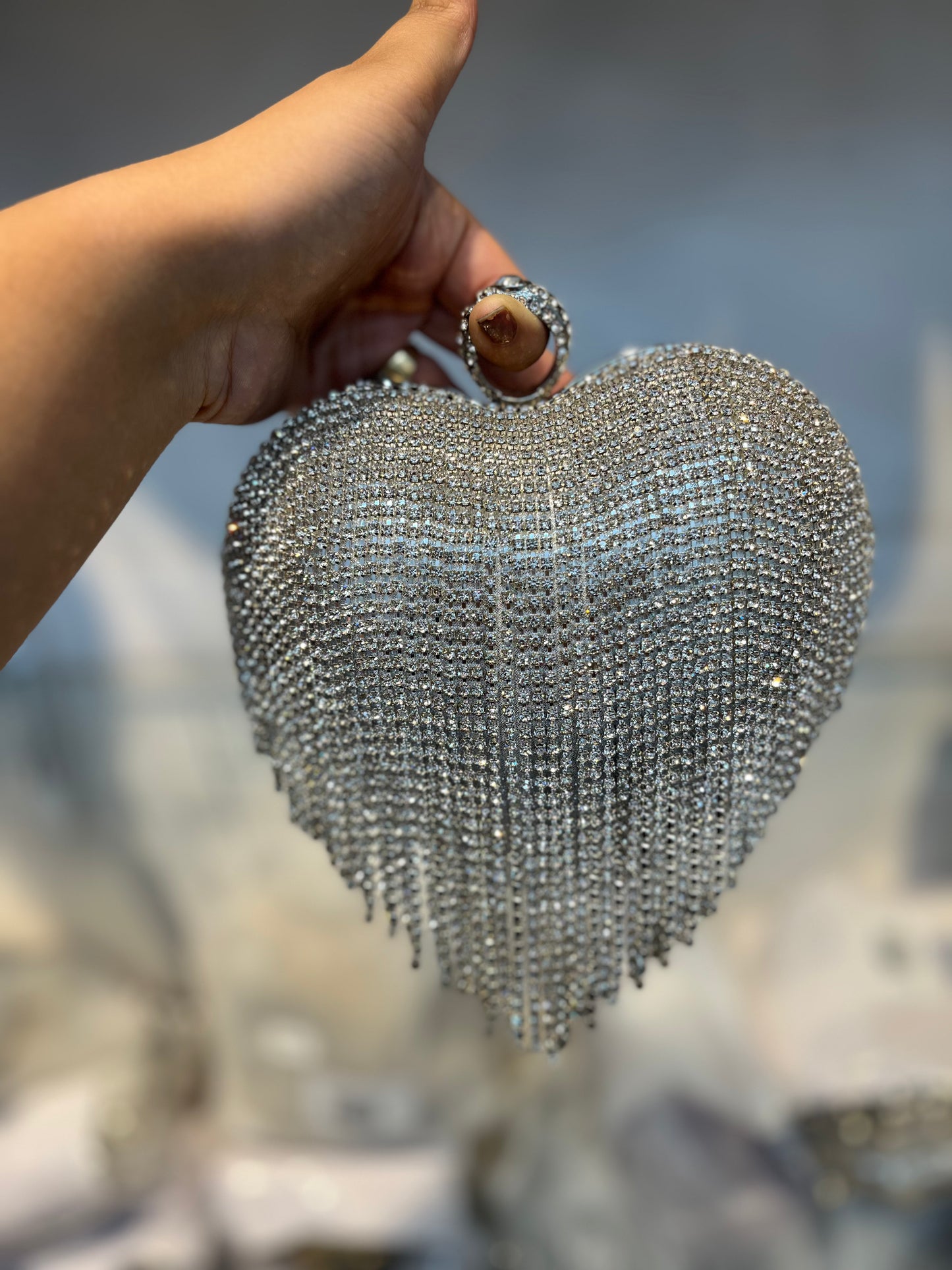 Silver Dazzle Heart Clutch | Crystal Fringe Party Handbag