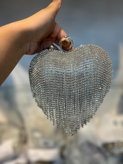 Silver Dazzle Heart Clutch | Crystal Fringe Party Handbag