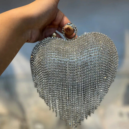Silver Dazzle Heart Clutch | Crystal Fringe Party Handbag