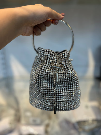 Dazzling Silver Rhinestone Potli Clutch Bag with Kada Handle & Sling