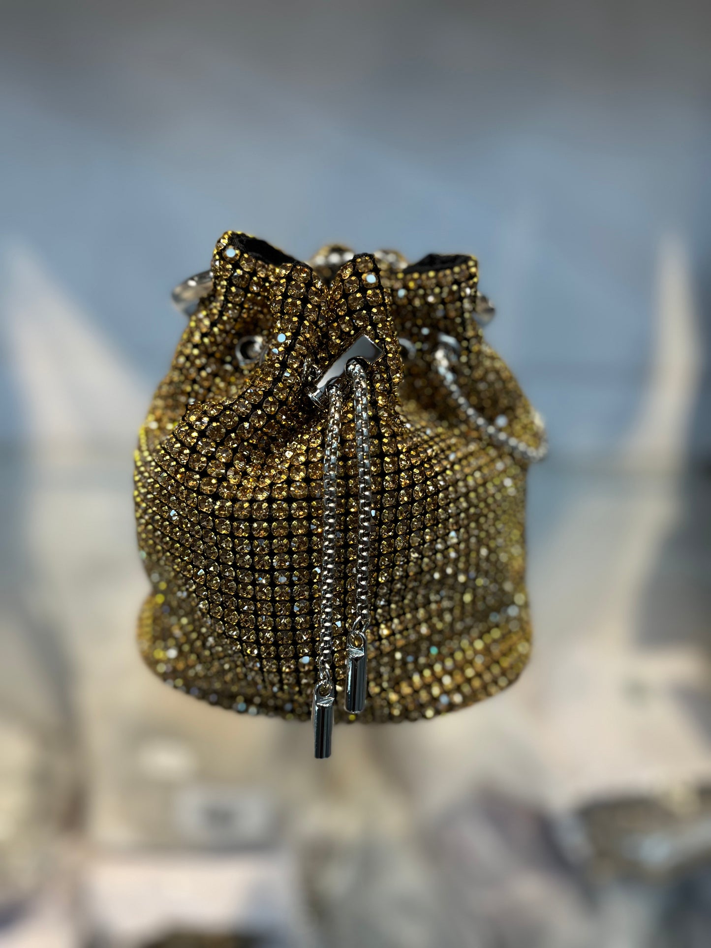 Dazzling Golden Rhinestone Potli Clutch Bag with Kada Handle & Sling