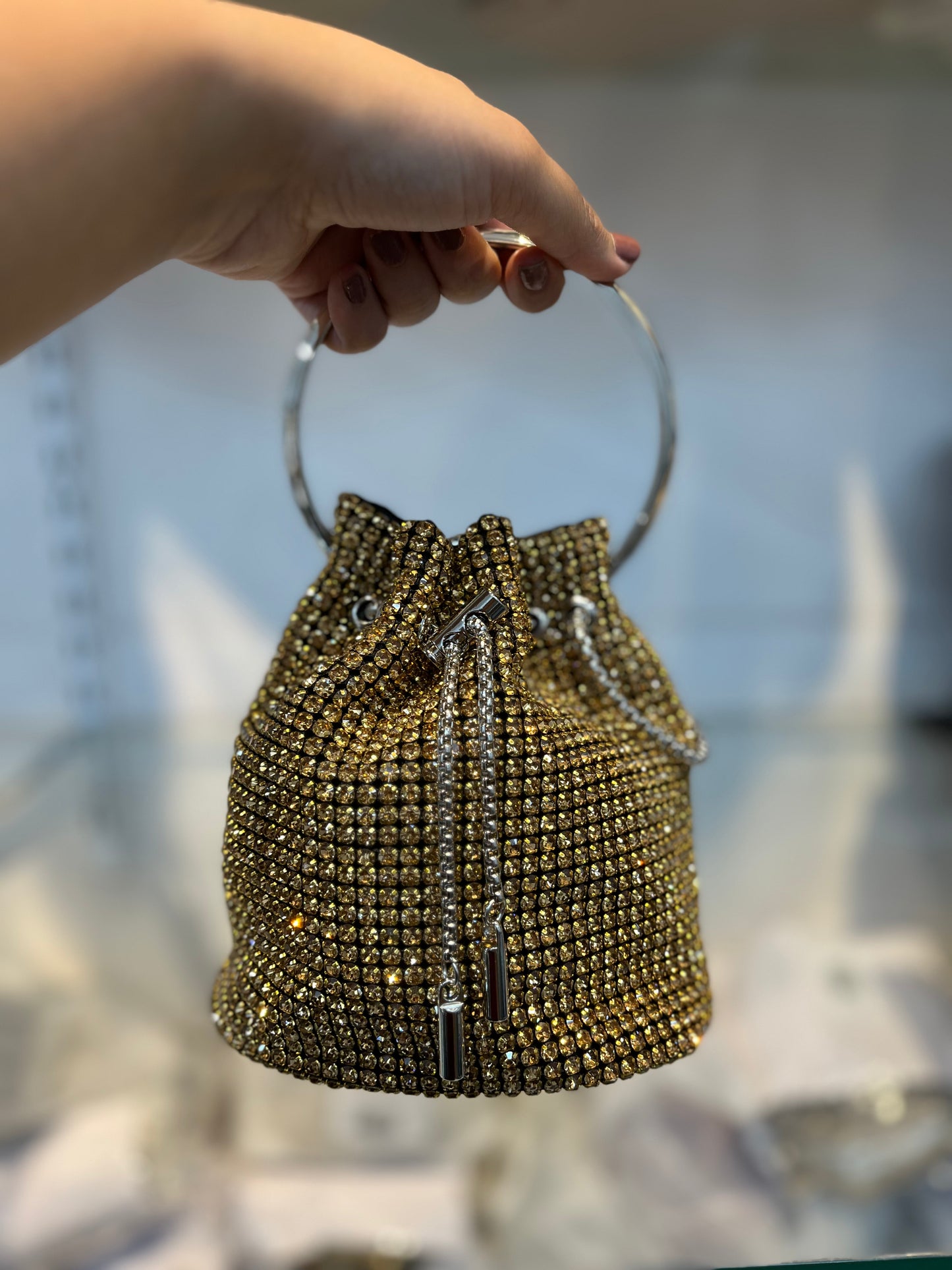 Dazzling Golden Rhinestone Potli Clutch Bag with Kada Handle & Sling