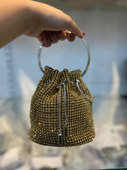 Dazzling Golden Rhinestone Potli Clutch Bag with Kada Handle & Sling