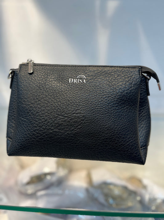 Black Textured Vegan Leather Sling Bag | Zip Pocket