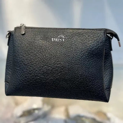 Black Textured Vegan Leather Sling Bag | Zip Pocket