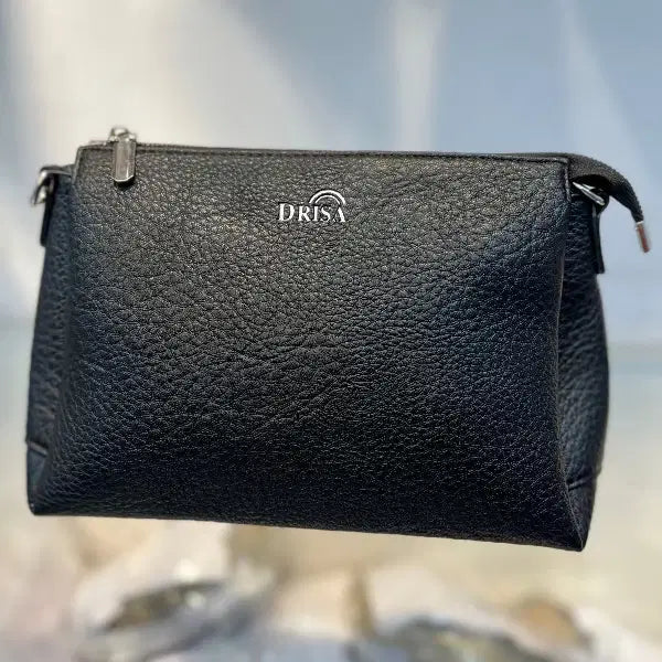 Black Textured Vegan Leather Sling Bag | Zip Pocket