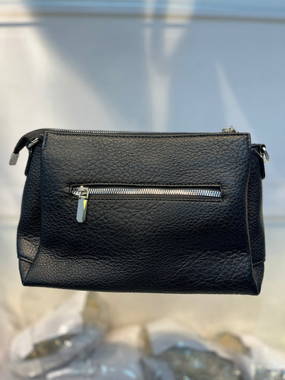 Black Textured Vegan Leather Sling Bag | Zip Pocket