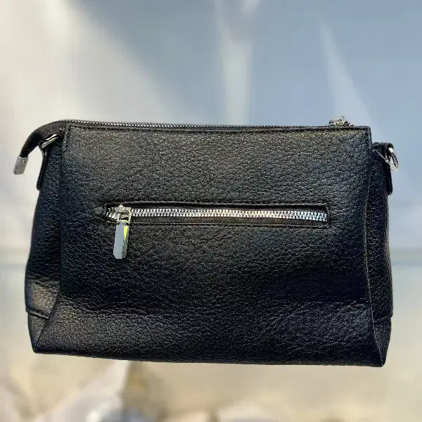 Black Textured Vegan Leather Sling Bag | Zip Pocket