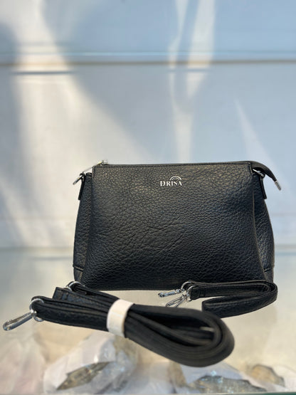 Black Textured Vegan Leather Sling Bag | Zip Pocket