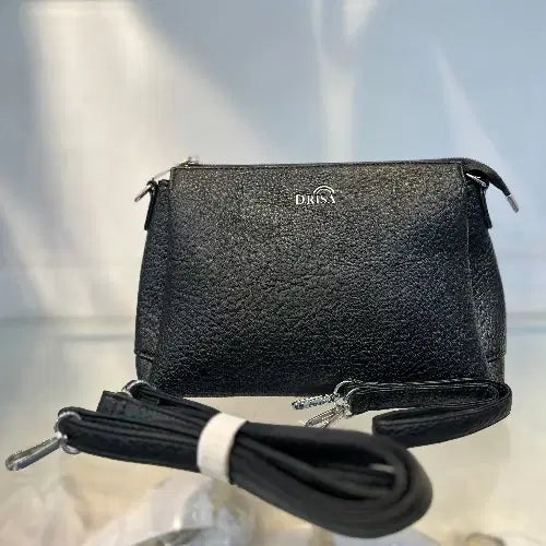 Black Textured Vegan Leather Sling Bag | Zip Pocket