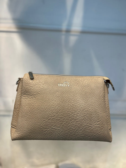 Beige Textured Vegan Leather Sling Bag | Zip Pocket