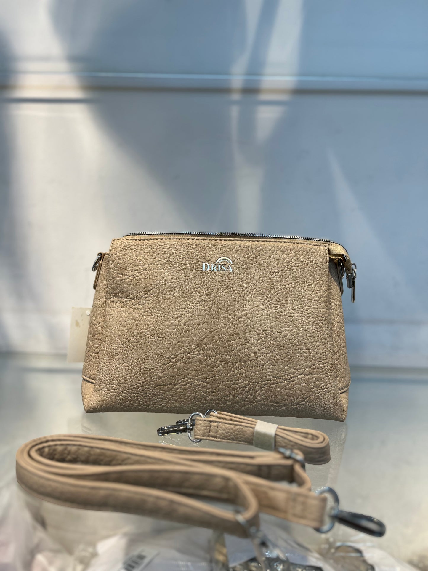 Beige Textured Vegan Leather Sling Bag | Zip Pocket