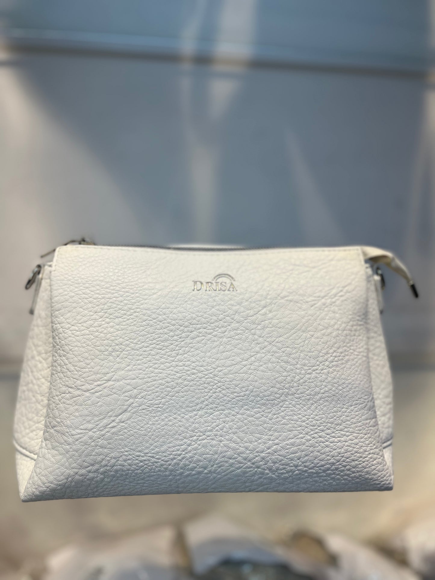 White Textured Vegan Leather Sling Bag | Zip Pocket
