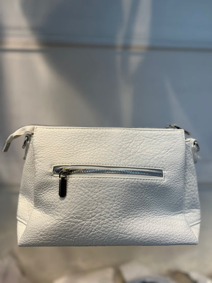 White Textured Vegan Leather Sling Bag | Zip Pocket