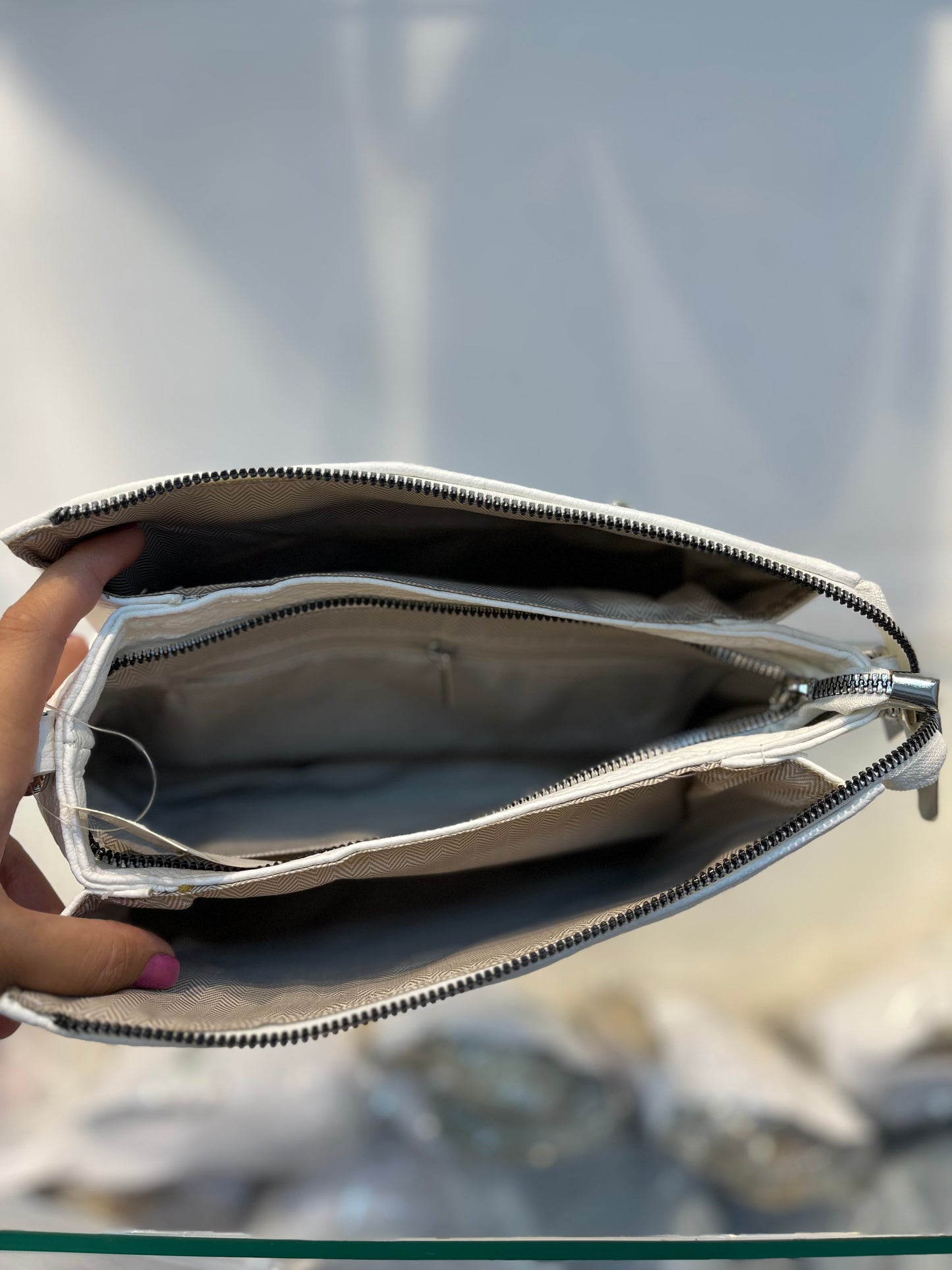 White Textured Vegan Leather Sling Bag | Zip Pocket