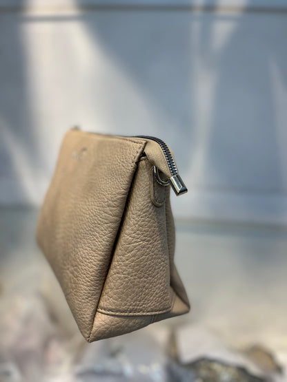 Beige Textured Vegan Leather Sling Bag | Zip Pocket