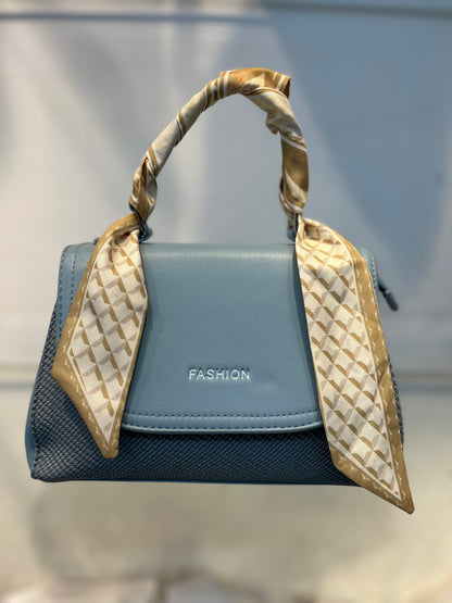 Elegant Blue Faux Leather Top Handle Bag with Scarf Accent - Perfect for a Fashionable Look 02