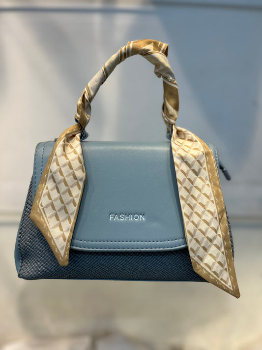 Elegant Blue Faux Leather Top Handle Bag with Scarf Accent - Perfect for a Fashionable Look 02