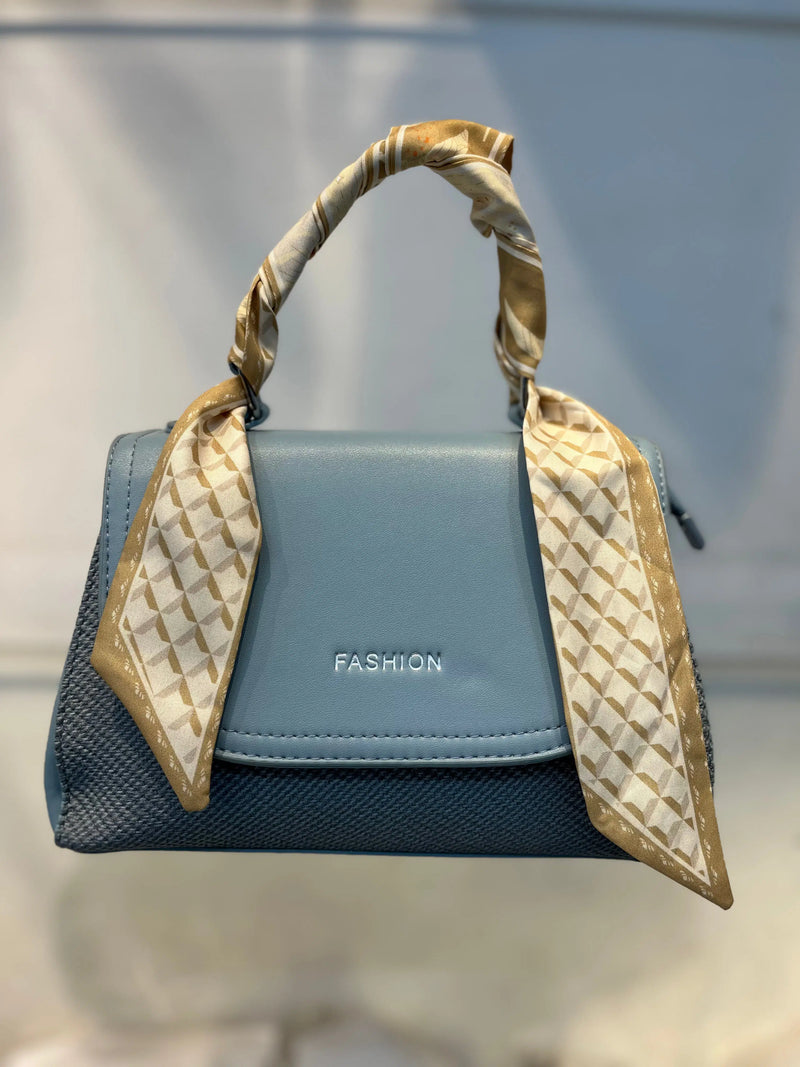 Elegant Blue Faux Leather Top Handle Bag with Scarf Accent - Perfect for a Fashionable Look 02