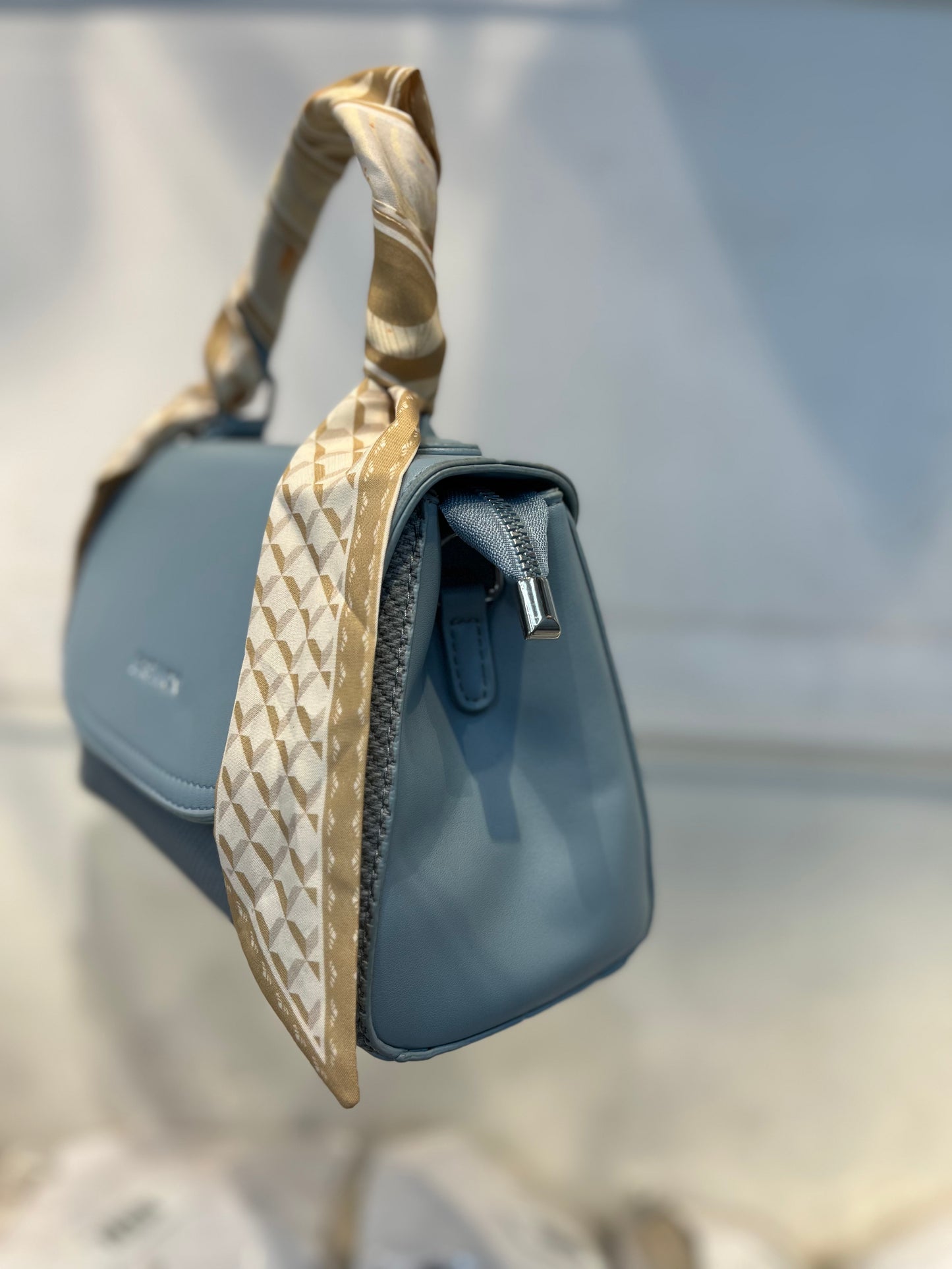 Elegant Blue Faux Leather Top Handle Bag with Scarf Accent - Perfect for a Fashionable Look 02