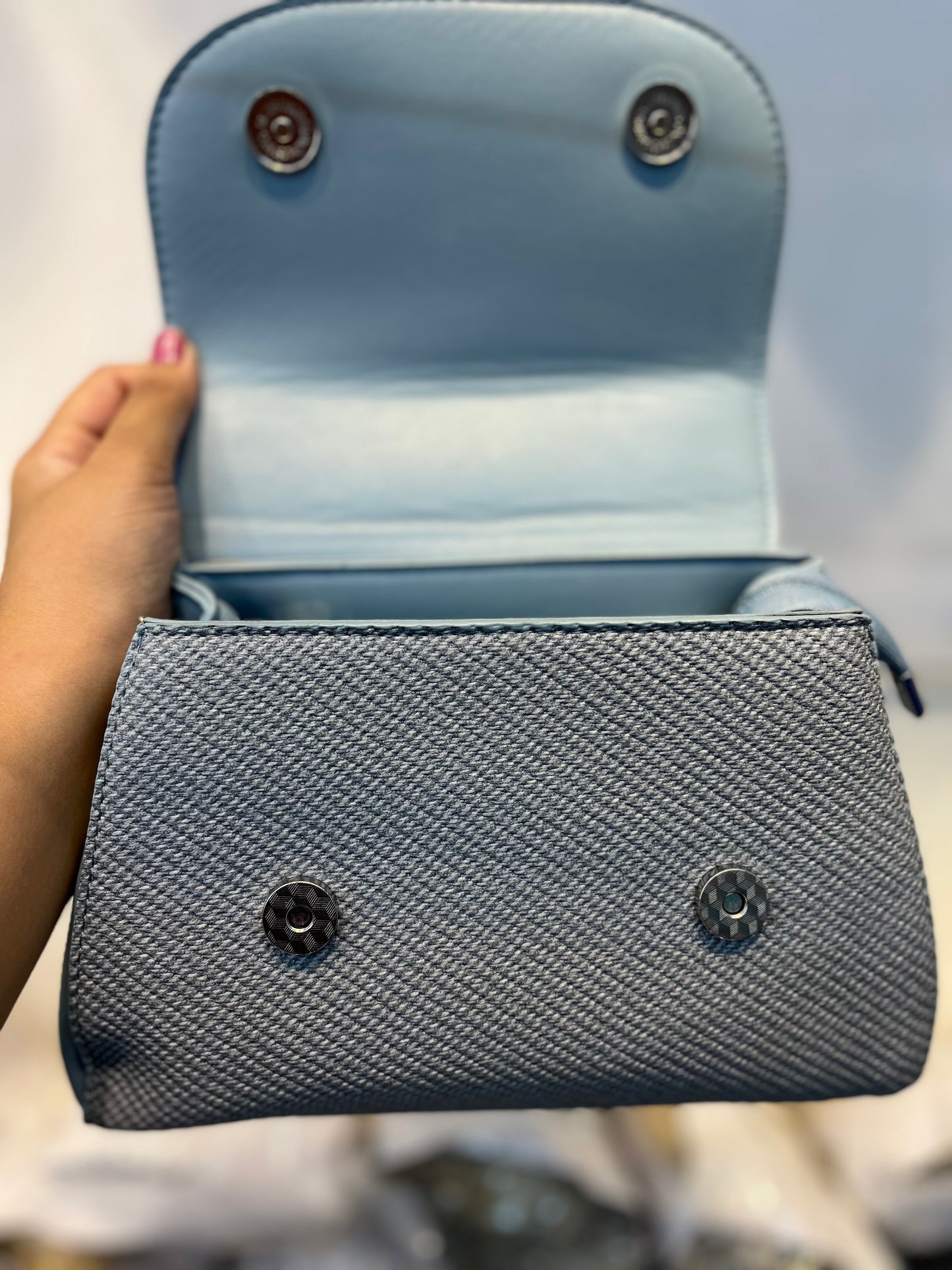 Elegant Blue Faux Leather Top Handle Bag with Scarf Accent - Perfect for a Fashionable Look 02