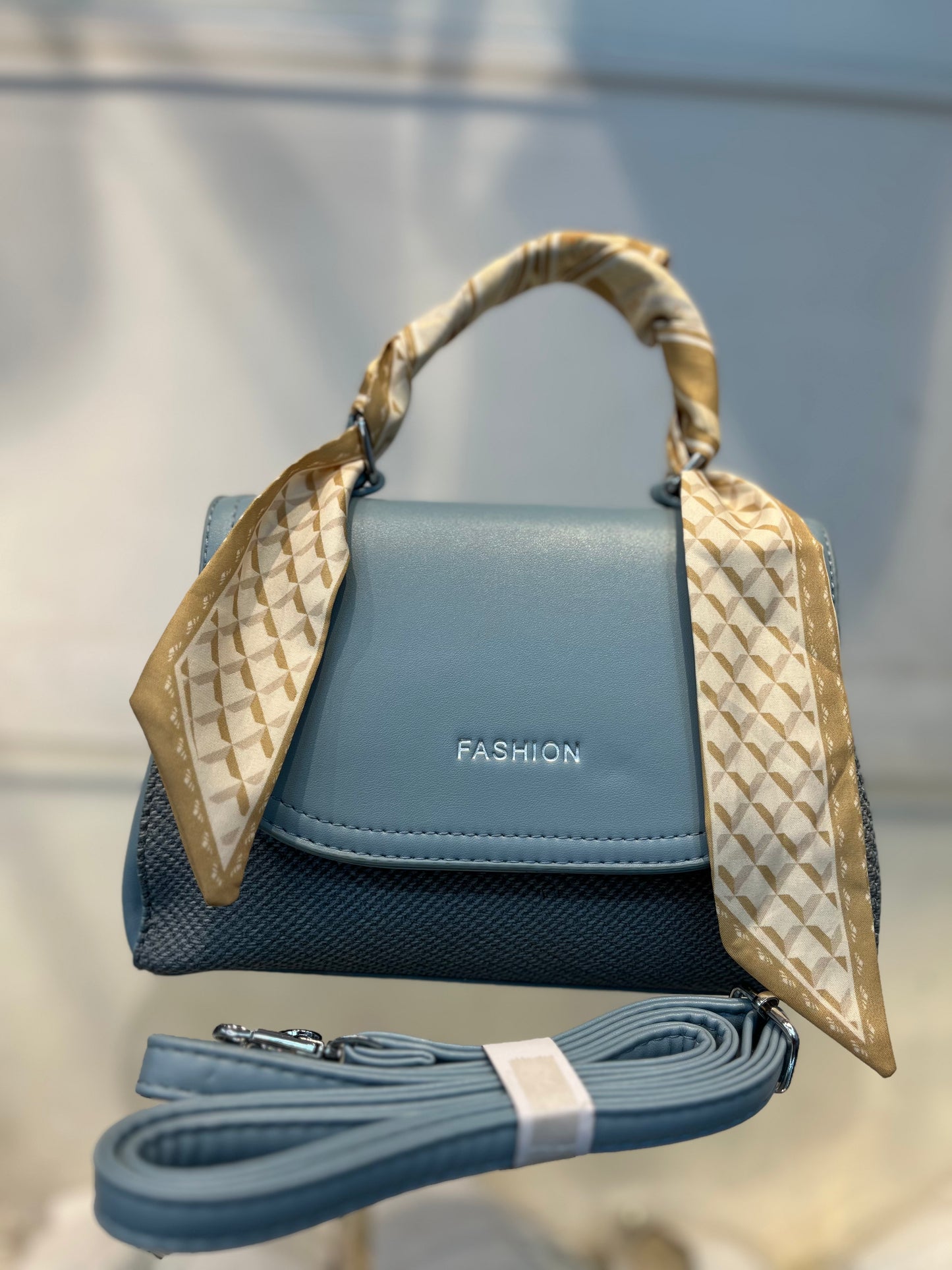 Elegant Blue Faux Leather Top Handle Bag with Scarf Accent - Perfect for a Fashionable Look 02