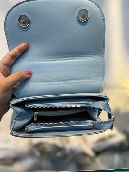 Elegant Blue Faux Leather Top Handle Bag with Scarf Accent - Perfect for a Fashionable Look 02
