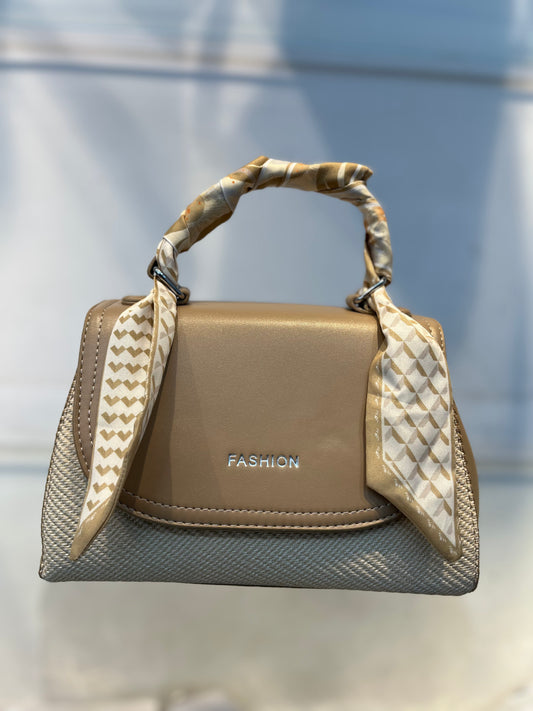 Elegant Light Khakhi Faux Leather Top Handle Bag with Scarf Accent - Perfect for a Fashionable Look 02