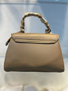 Elegant Light Khakhi Faux Leather Top Handle Bag with Scarf Accent - Perfect for a Fashionable Look 02