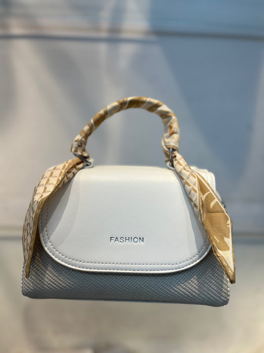 Elegant Light White Faux Leather Top Handle Bag with Scarf Accent - Perfect for a Fashionable Look 02