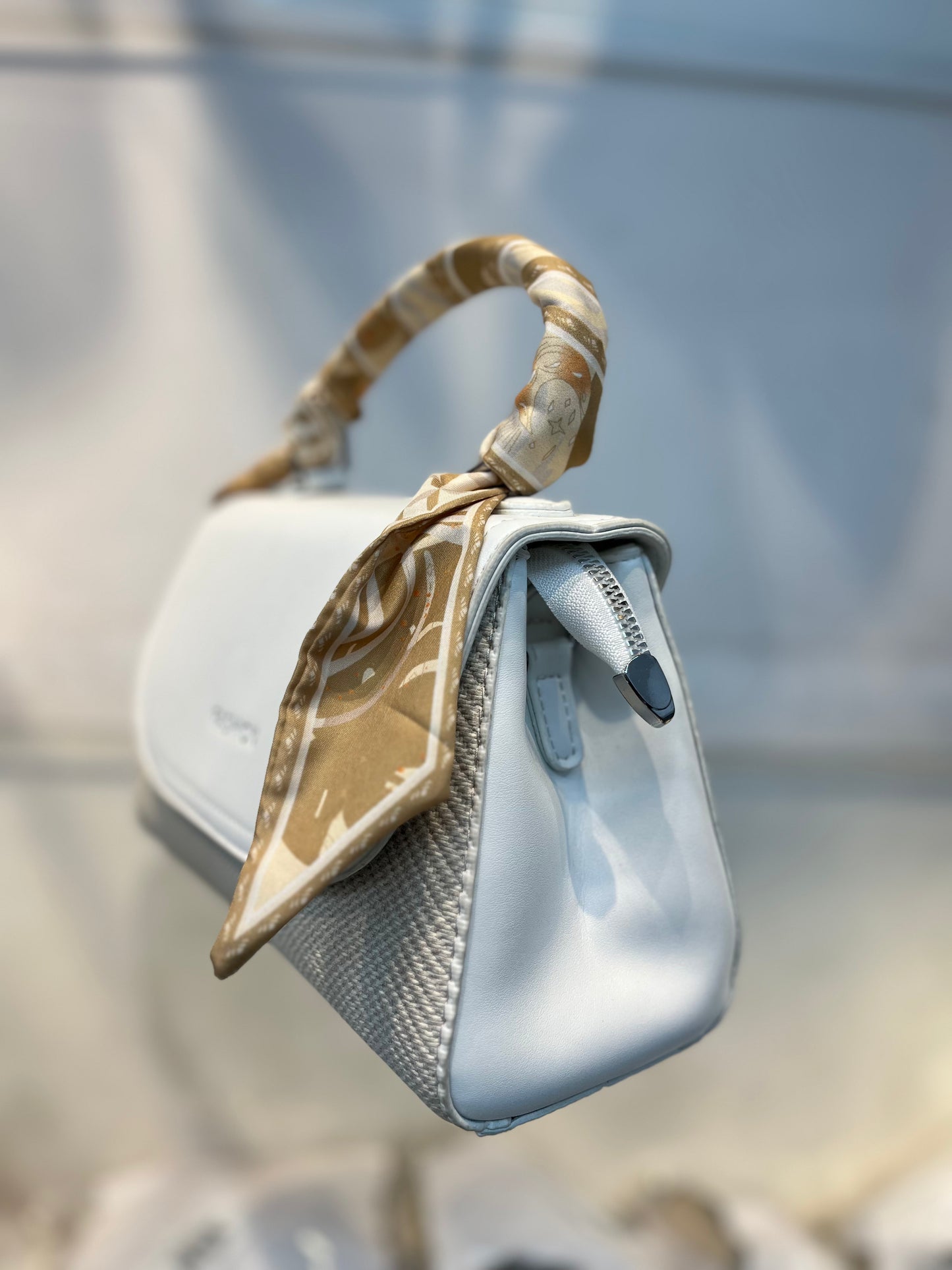 Elegant Light White Faux Leather Top Handle Bag with Scarf Accent - Perfect for a Fashionable Look 02