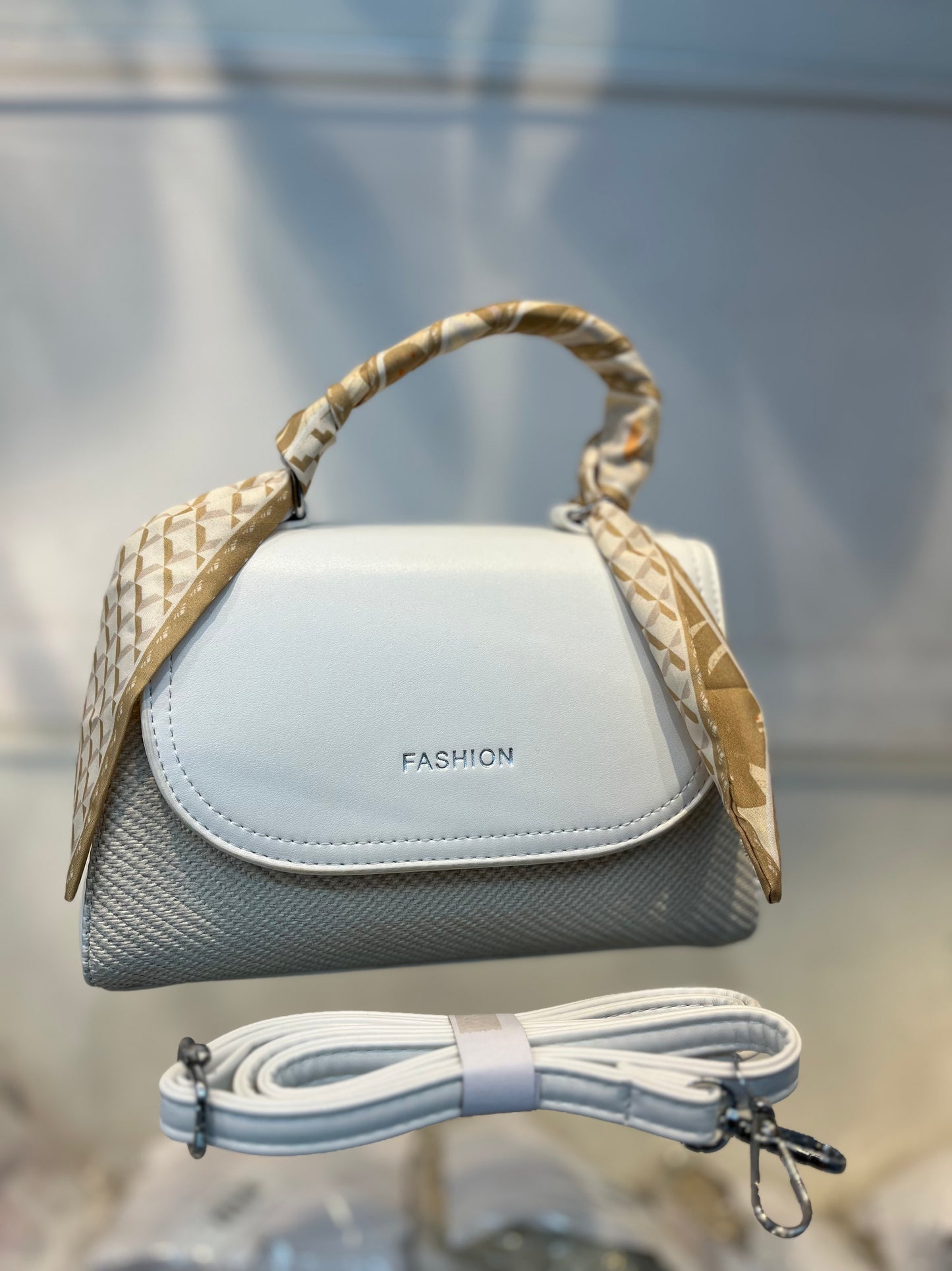 Elegant Light White Faux Leather Top Handle Bag with Scarf Accent - Perfect for a Fashionable Look 02