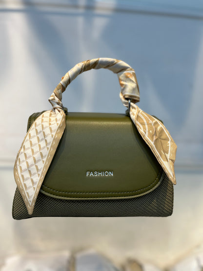 Elegant Green Faux Leather Top Handle Bag with Scarf Accent - Perfect for a Fashionable Look 02