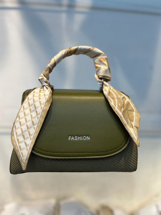 Elegant Green Faux Leather Top Handle Bag with Scarf Accent - Perfect for a Fashionable Look 02