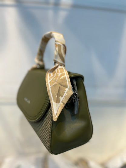 Elegant Green Faux Leather Top Handle Bag with Scarf Accent - Perfect for a Fashionable Look 02