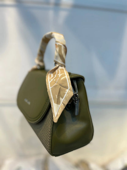 Elegant Green Faux Leather Top Handle Bag with Scarf Accent - Perfect for a Fashionable Look 02