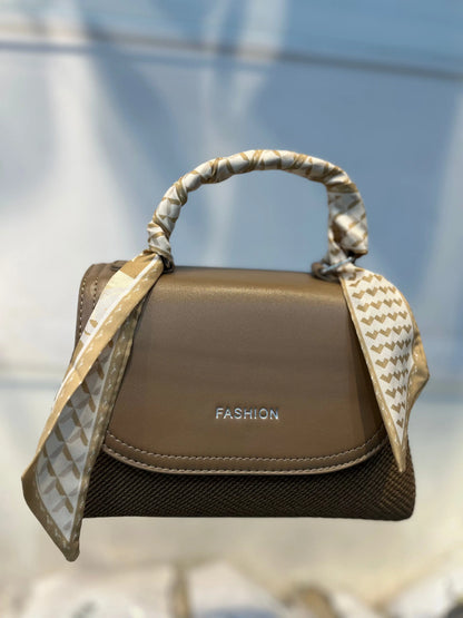 Elegant Brown Faux Leather Top Handle Bag with Scarf Accent - Perfect for a Fashionable Look 02
