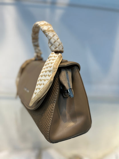 Elegant Brown Faux Leather Top Handle Bag with Scarf Accent - Perfect for a Fashionable Look 02