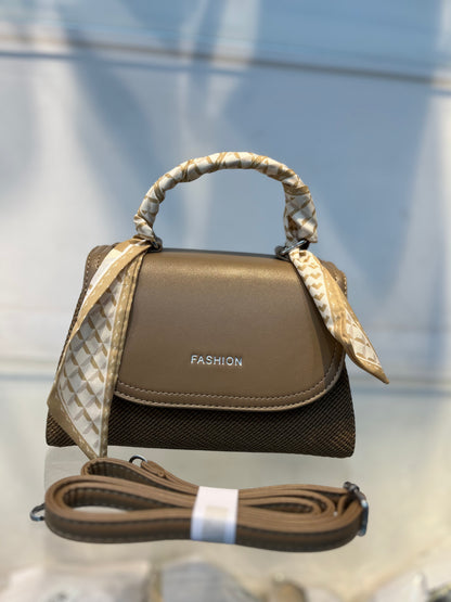 Elegant Brown Faux Leather Top Handle Bag with Scarf Accent - Perfect for a Fashionable Look 02