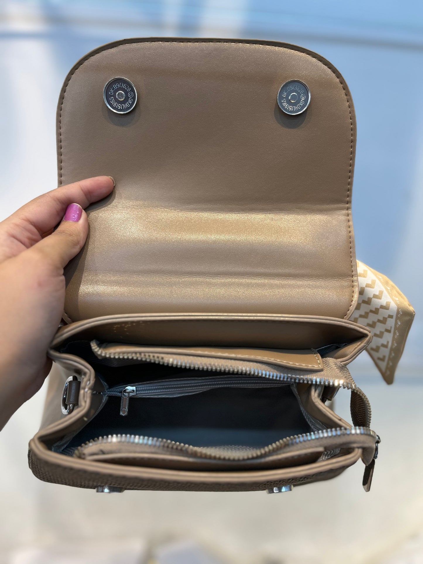 Elegant Brown Faux Leather Top Handle Bag with Scarf Accent - Perfect for a Fashionable Look 02
