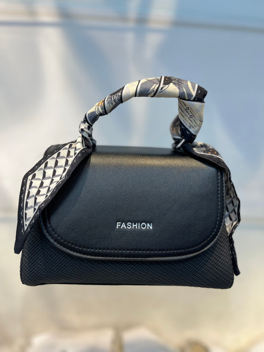 Elegant Black Faux Leather Top Handle Bag with Scarf Accent - Perfect for a Fashionable Look 02