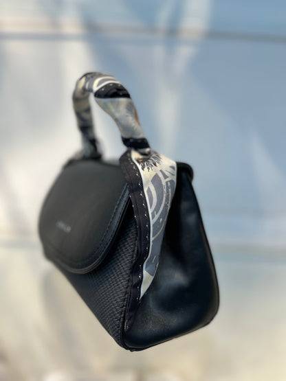 Elegant Black Faux Leather Top Handle Bag with Scarf Accent - Perfect for a Fashionable Look 02
