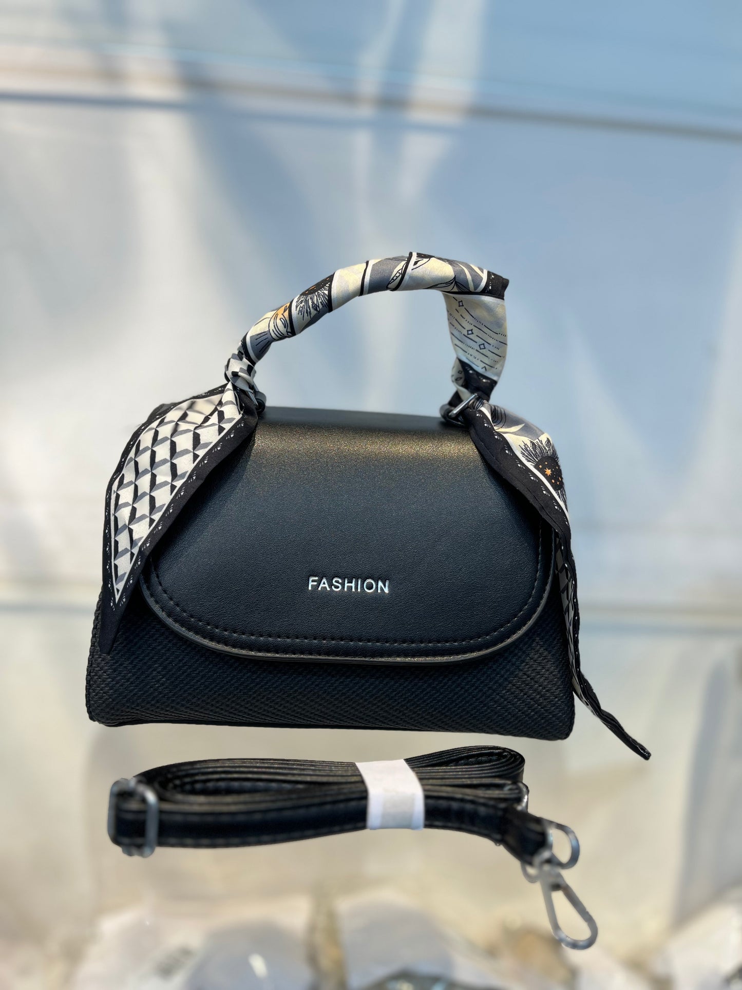 Elegant Black Faux Leather Top Handle Bag with Scarf Accent - Perfect for a Fashionable Look 02