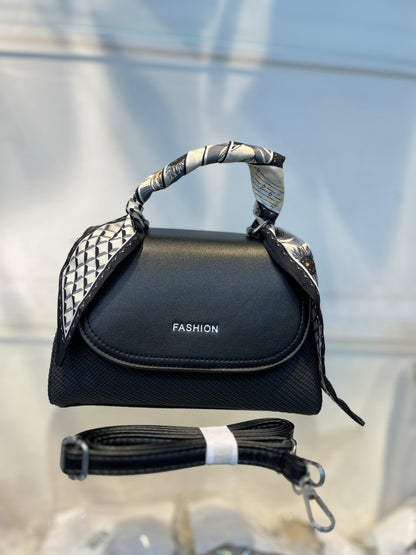 Elegant Black Faux Leather Top Handle Bag with Scarf Accent - Perfect for a Fashionable Look 02