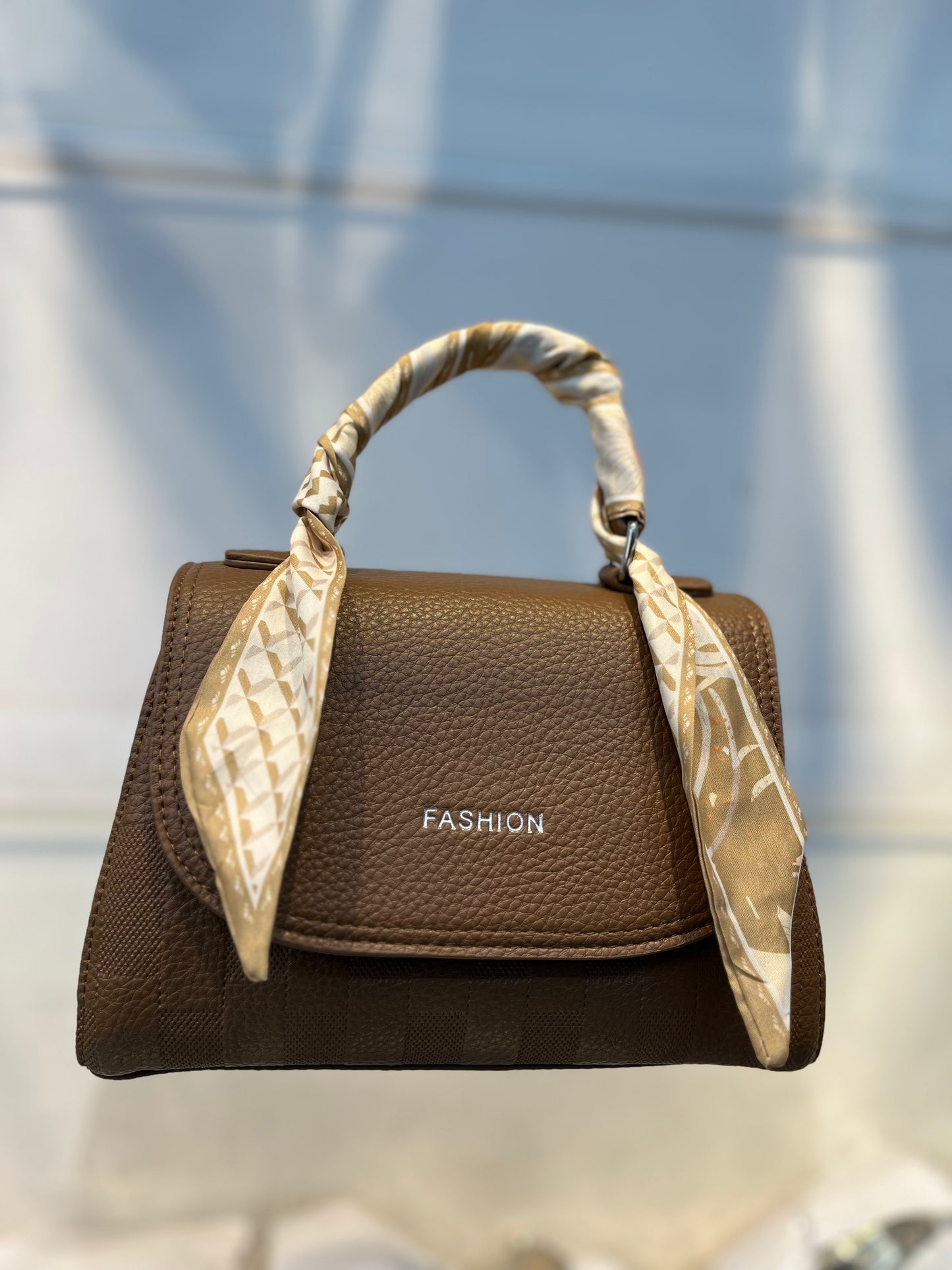 Elegant Deep Khakhi Faux Leather Top Handle Bag with Scarf Accent - Perfect for a Fashionable Look
